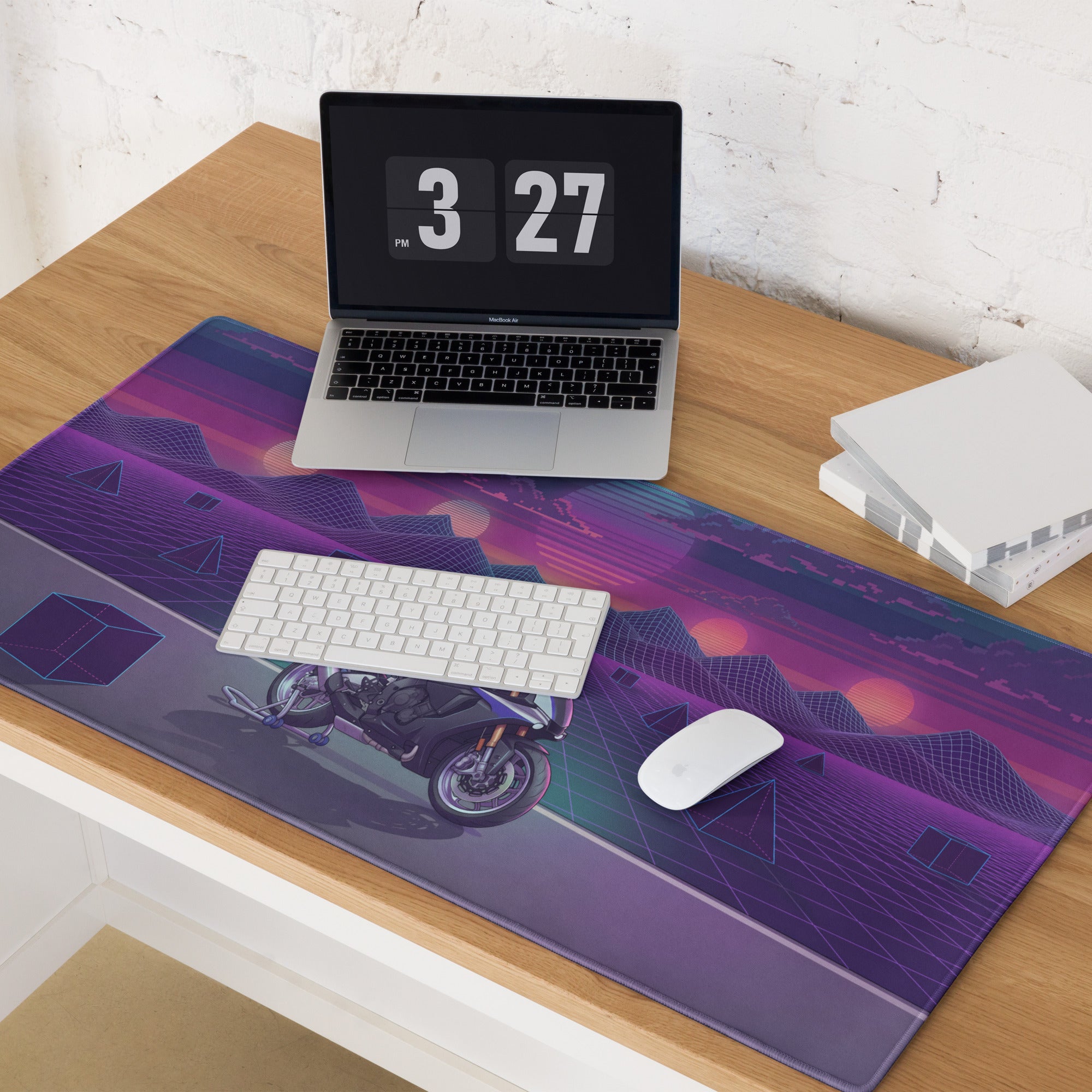 Yamaha R1M Inspired Silver Purple Vaporwave Gaming Mouse Pad – Neon Sunset Grid Desk Mat, Retro Futuristic Supersport Motorcycle Digital Art