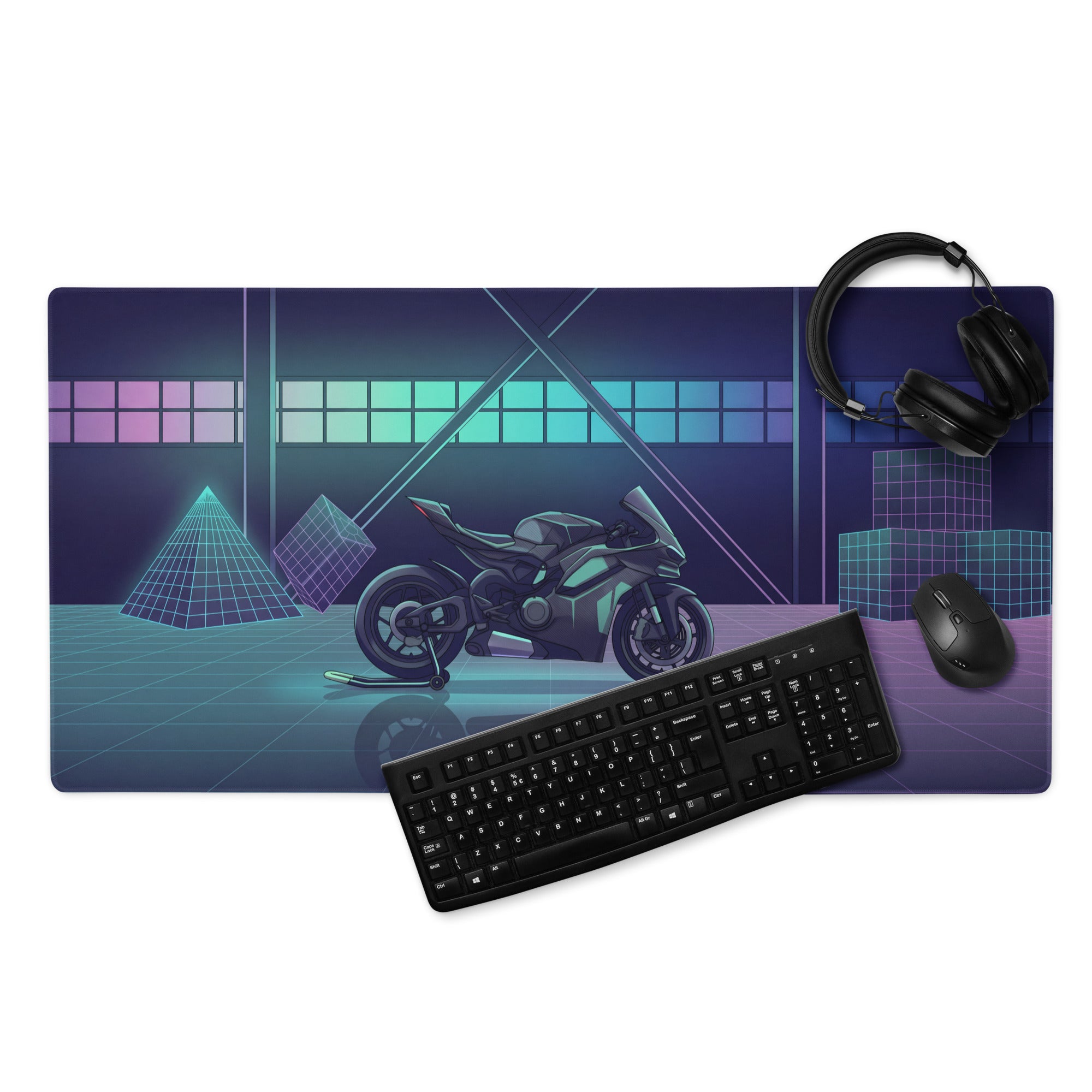 Ducati Panigale V4S Inspired Teal Purple Vaporwave Gaming Mouse Pad – Neon Grid Garage Desk Mat, Retro Futuristic Superbike Digital Art