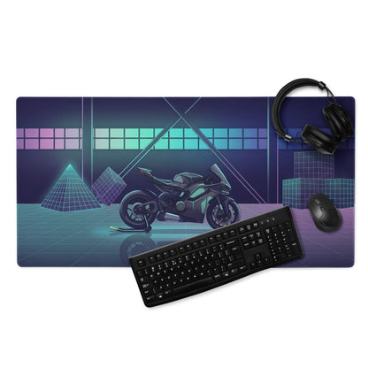 Ducati Panigale V4S Inspired Teal Purple Vaporwave Gaming Mouse Pad – Neon Grid Garage Desk Mat, Retro Futuristic Superbike Digital Art