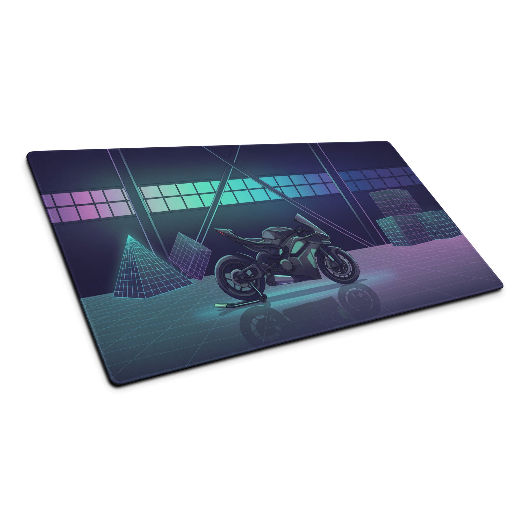 Ducati Panigale V4S Inspired Teal Purple Vaporwave Gaming Mouse Pad – Neon Grid Garage Desk Mat, Retro Futuristic Superbike Digital Art