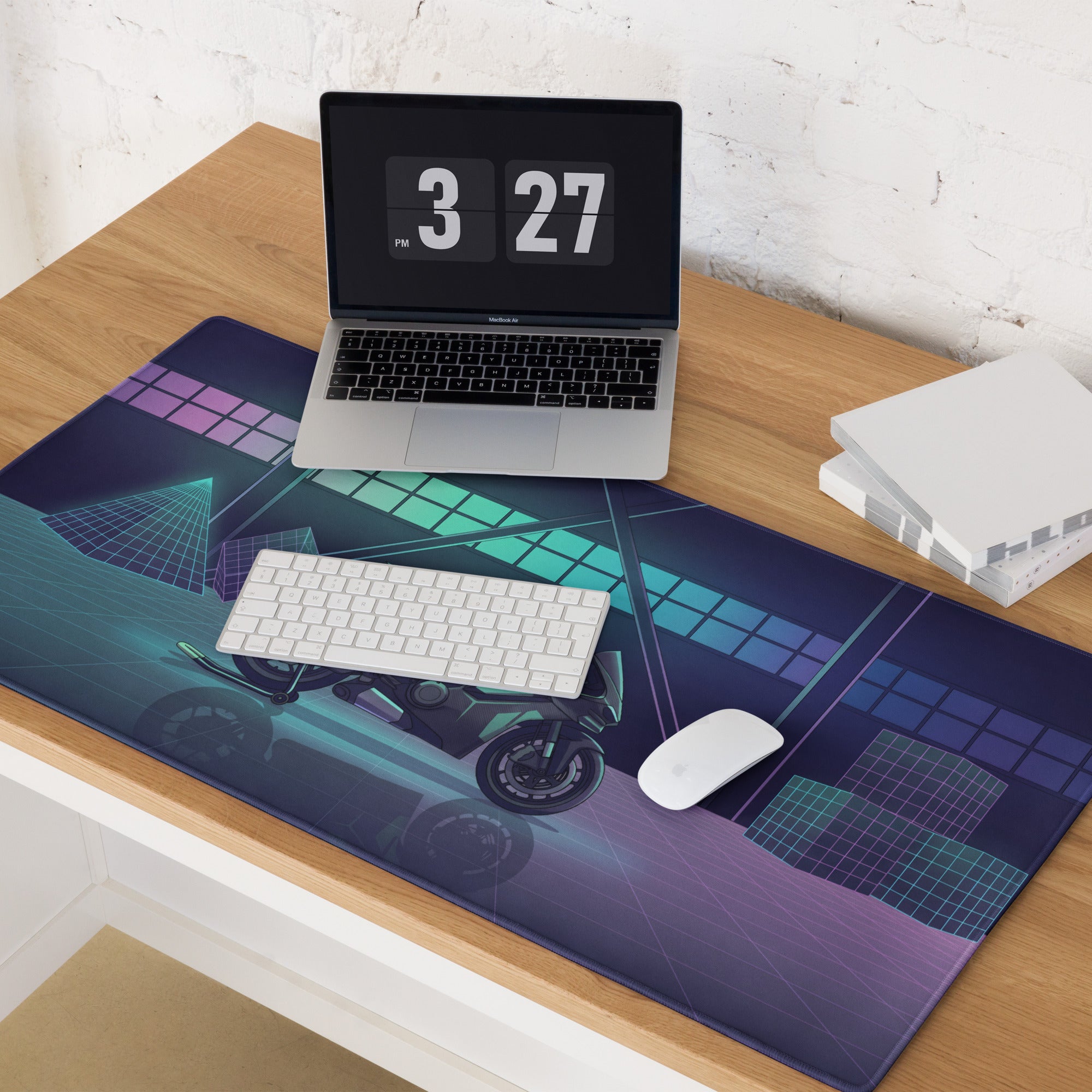 Ducati Panigale V4S Inspired Teal Purple Vaporwave Gaming Mouse Pad – Neon Grid Garage Desk Mat, Retro Futuristic Superbike Digital Art