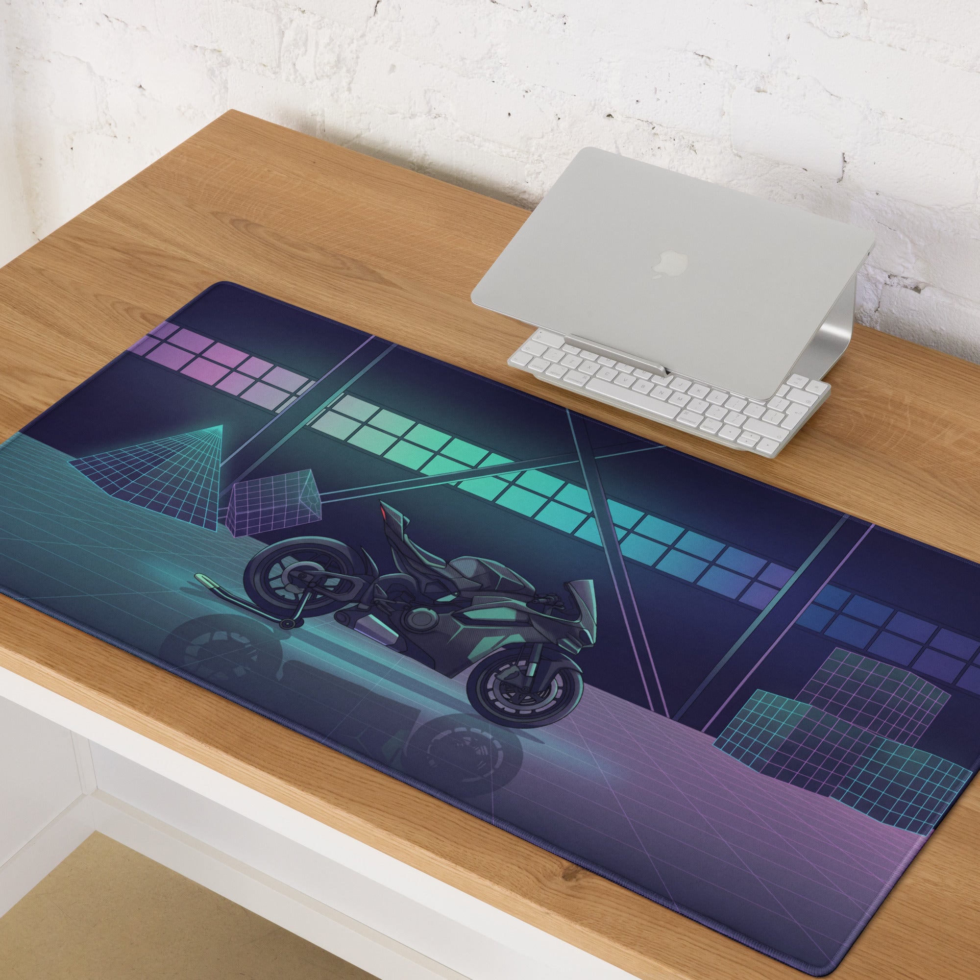Ducati Panigale V4S Inspired Teal Purple Vaporwave Gaming Mouse Pad – Neon Grid Garage Desk Mat, Retro Futuristic Superbike Digital Art