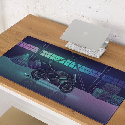 Ducati Panigale V4S Inspired Teal Purple Vaporwave Gaming Mouse Pad – Neon Grid Garage Desk Mat, Retro Futuristic Superbike Digital Art