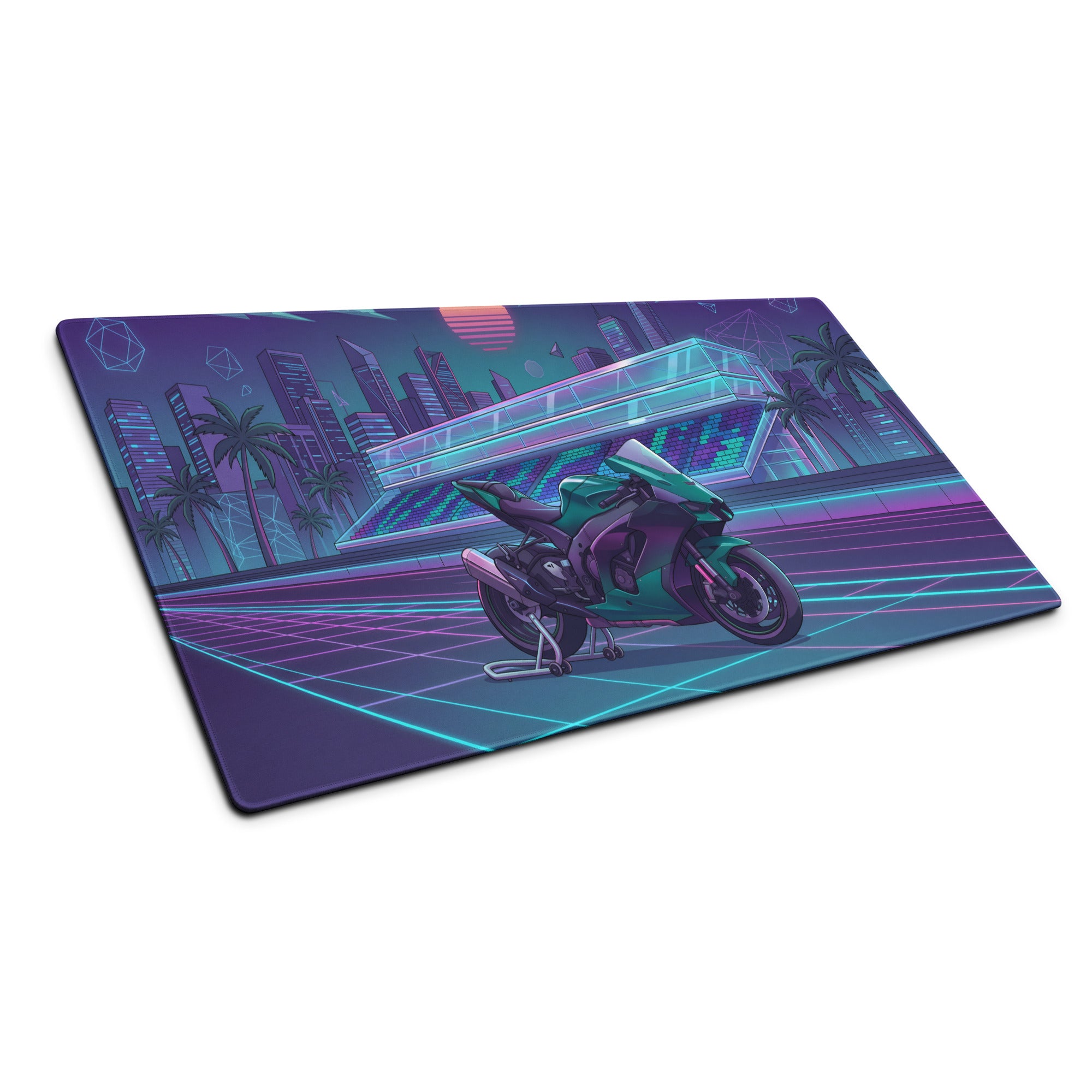 Kawasaki Ninja ZX-10R Inspired Teal Purple Vaporwave Gaming Mouse Pad – Neon Racetrack Desk Mat, Retro Futuristic Superbike Digital Art