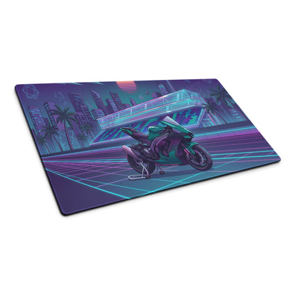 Kawasaki Ninja ZX-10R Inspired Teal Purple Vaporwave Gaming Mouse Pad – Neon Racetrack Desk Mat, Retro Futuristic Superbike Digital Art