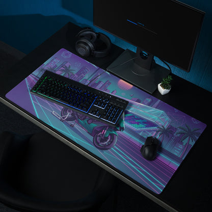Kawasaki Ninja ZX-10R Inspired Teal Purple Vaporwave Gaming Mouse Pad – Neon Racetrack Desk Mat, Retro Futuristic Superbike Digital Art