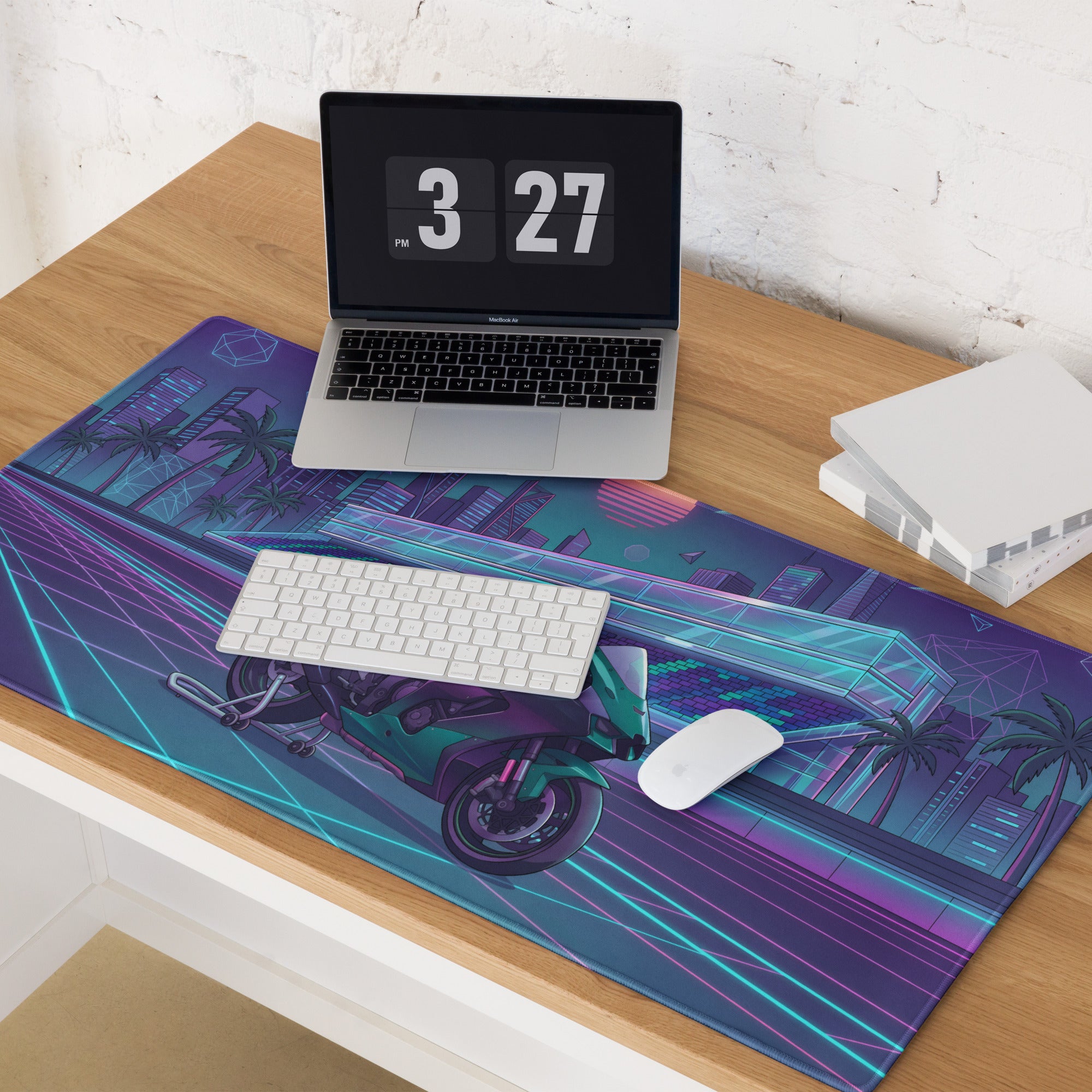 Kawasaki Ninja ZX-10R Inspired Teal Purple Vaporwave Gaming Mouse Pad – Neon Racetrack Desk Mat, Retro Futuristic Superbike Digital Art