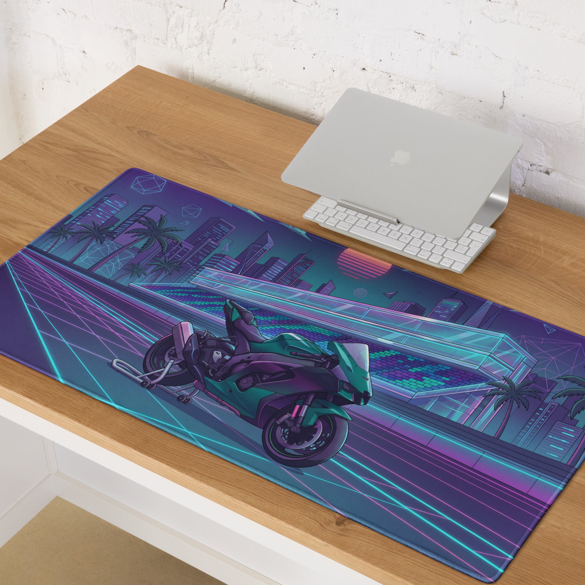 Kawasaki Ninja ZX-10R Inspired Teal Purple Vaporwave Gaming Mouse Pad – Neon Racetrack Desk Mat, Retro Futuristic Superbike Digital Art