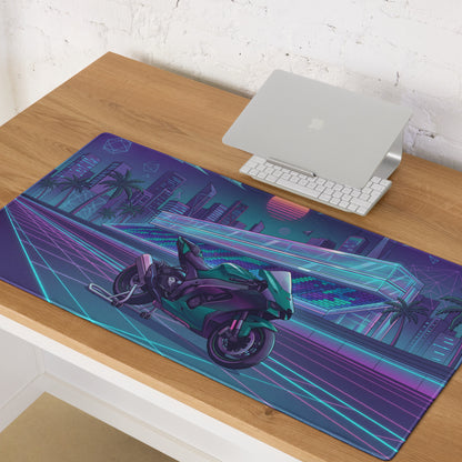 Kawasaki Ninja ZX-10R Inspired Teal Purple Vaporwave Gaming Mouse Pad – Neon Racetrack Desk Mat, Retro Futuristic Superbike Digital Art