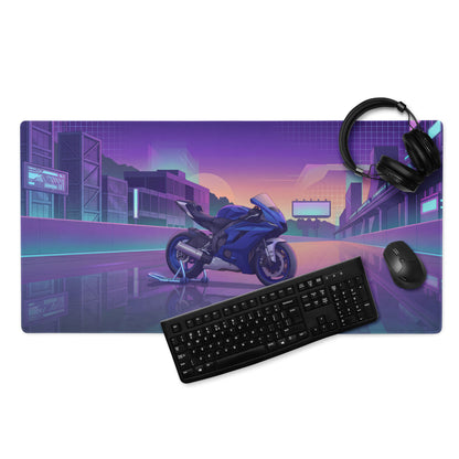 Yamaha R6 Inspired Blue Purple Vaporwave Gaming Mouse Pad – Neon Cyber City Racetrack Desk Mat, Retro Futuristic Superbike Digital Art