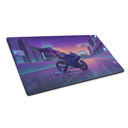 Yamaha R6 Inspired Blue Purple Vaporwave Gaming Mouse Pad – Neon Cyber City Racetrack Desk Mat, Retro Futuristic Superbike Digital Art