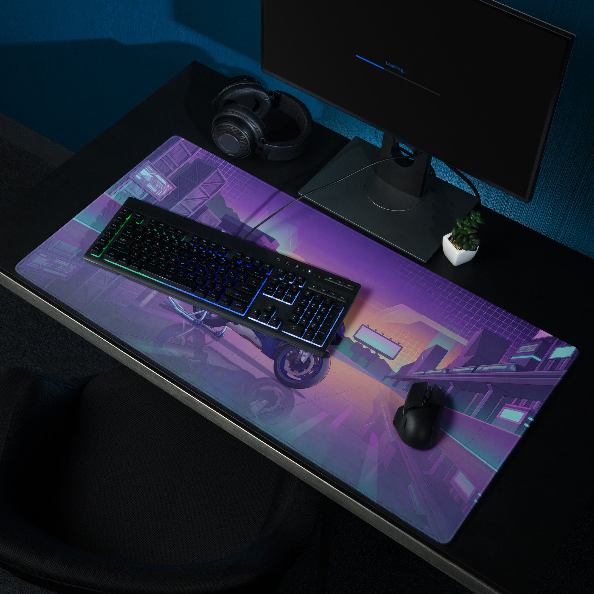 Yamaha R6 Inspired Blue Purple Vaporwave Gaming Mouse Pad – Neon Cyber City Racetrack Desk Mat, Retro Futuristic Superbike Digital Art