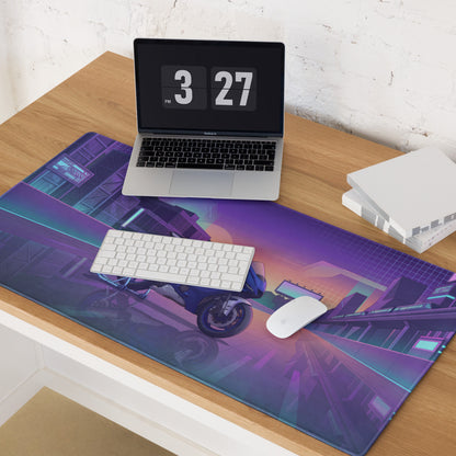 Yamaha R6 Inspired Blue Purple Vaporwave Gaming Mouse Pad – Neon Cyber City Racetrack Desk Mat, Retro Futuristic Superbike Digital Art