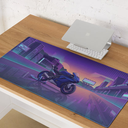Yamaha R6 Inspired Blue Purple Vaporwave Gaming Mouse Pad – Neon Cyber City Racetrack Desk Mat, Retro Futuristic Superbike Digital Art