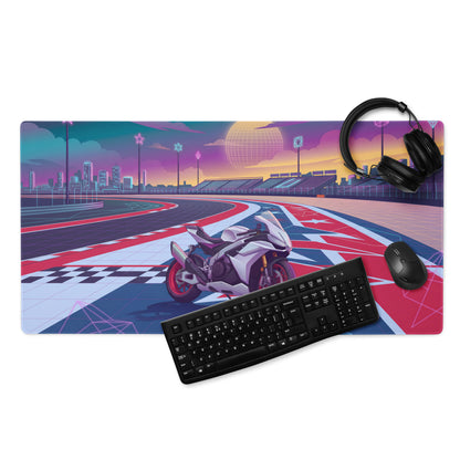 Aprilia RSV4 Factory Inspired White Red Vaporwave Gaming Mouse Pad – Neon Union Jack Racetrack Desk Mat, Retro Futuristic Superbike Digital Art