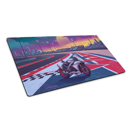 Aprilia RSV4 Factory Inspired White Red Vaporwave Gaming Mouse Pad – Neon Union Jack Racetrack Desk Mat, Retro Futuristic Superbike Digital Art
