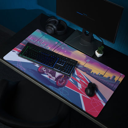 Aprilia RSV4 Factory Inspired White Red Vaporwave Gaming Mouse Pad – Neon Union Jack Racetrack Desk Mat, Retro Futuristic Superbike Digital Art