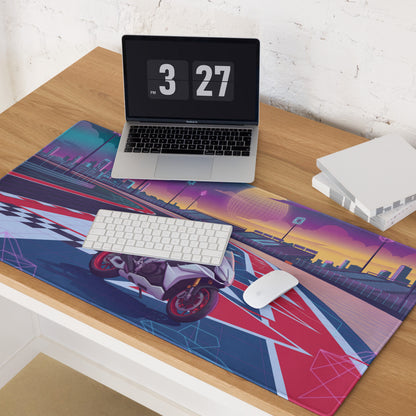 Aprilia RSV4 Factory Inspired White Red Vaporwave Gaming Mouse Pad – Neon Union Jack Racetrack Desk Mat, Retro Futuristic Superbike Digital Art