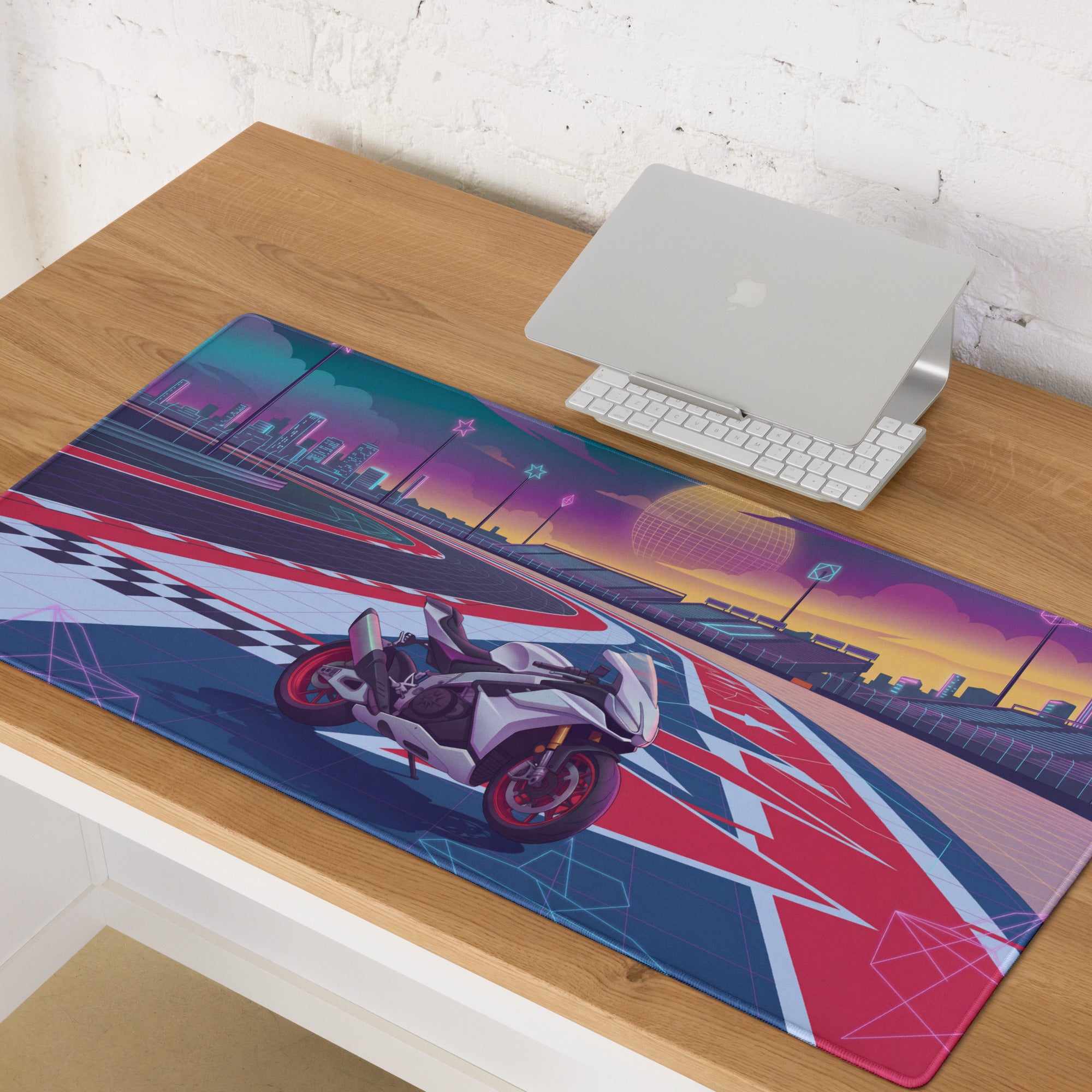 Aprilia RSV4 Factory Inspired White Red Vaporwave Gaming Mouse Pad – Neon Union Jack Racetrack Desk Mat, Retro Futuristic Superbike Digital Art