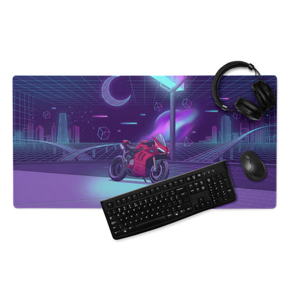 Ducati Panigale V4 Inspired Red Purple Vaporwave Gaming Mouse Pad – Neon Cyber City Desk Mat, Retro Futuristic Superbike Digital Art