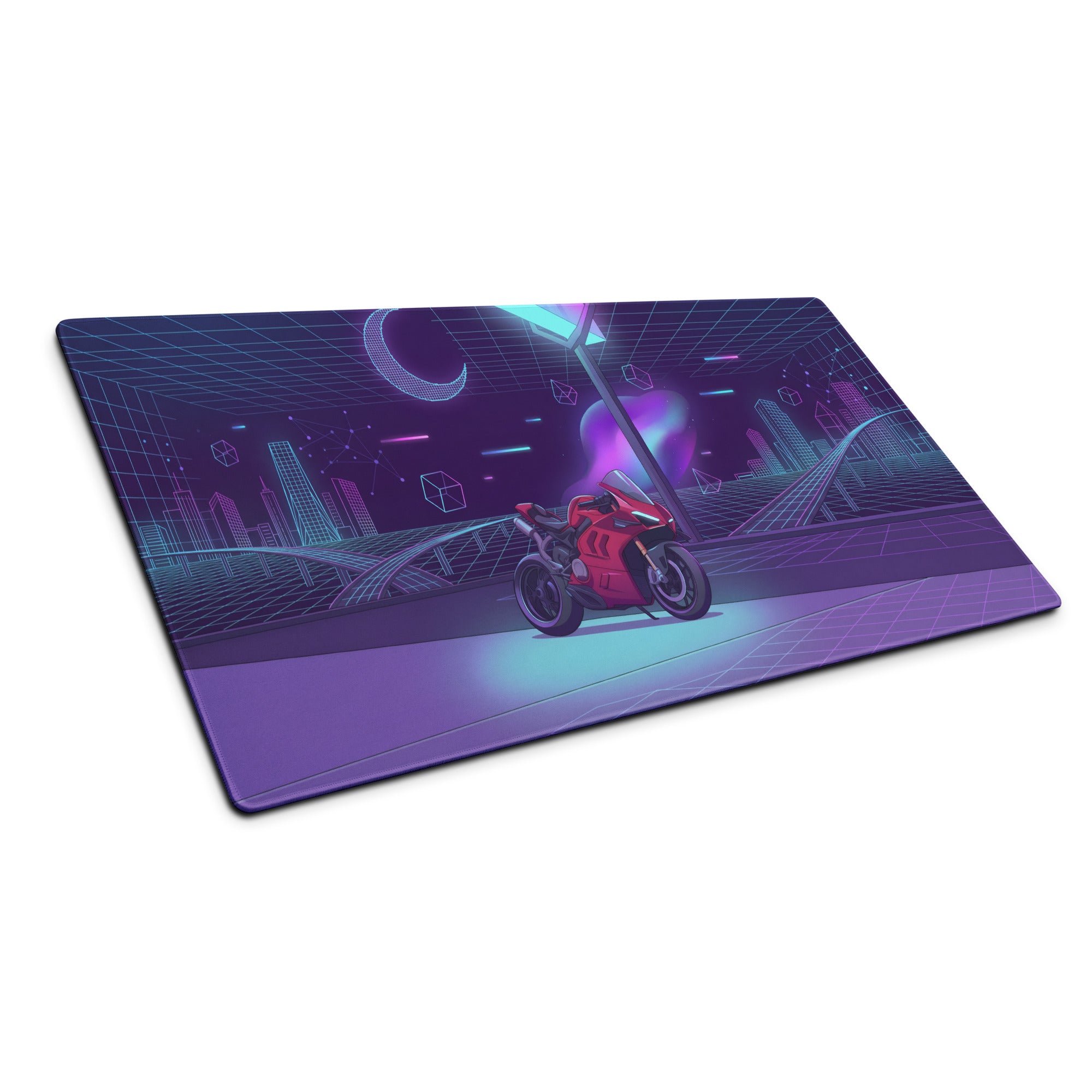 Ducati Panigale V4 Inspired Red Purple Vaporwave Gaming Mouse Pad – Neon Cyber City Desk Mat, Retro Futuristic Superbike Digital Art
