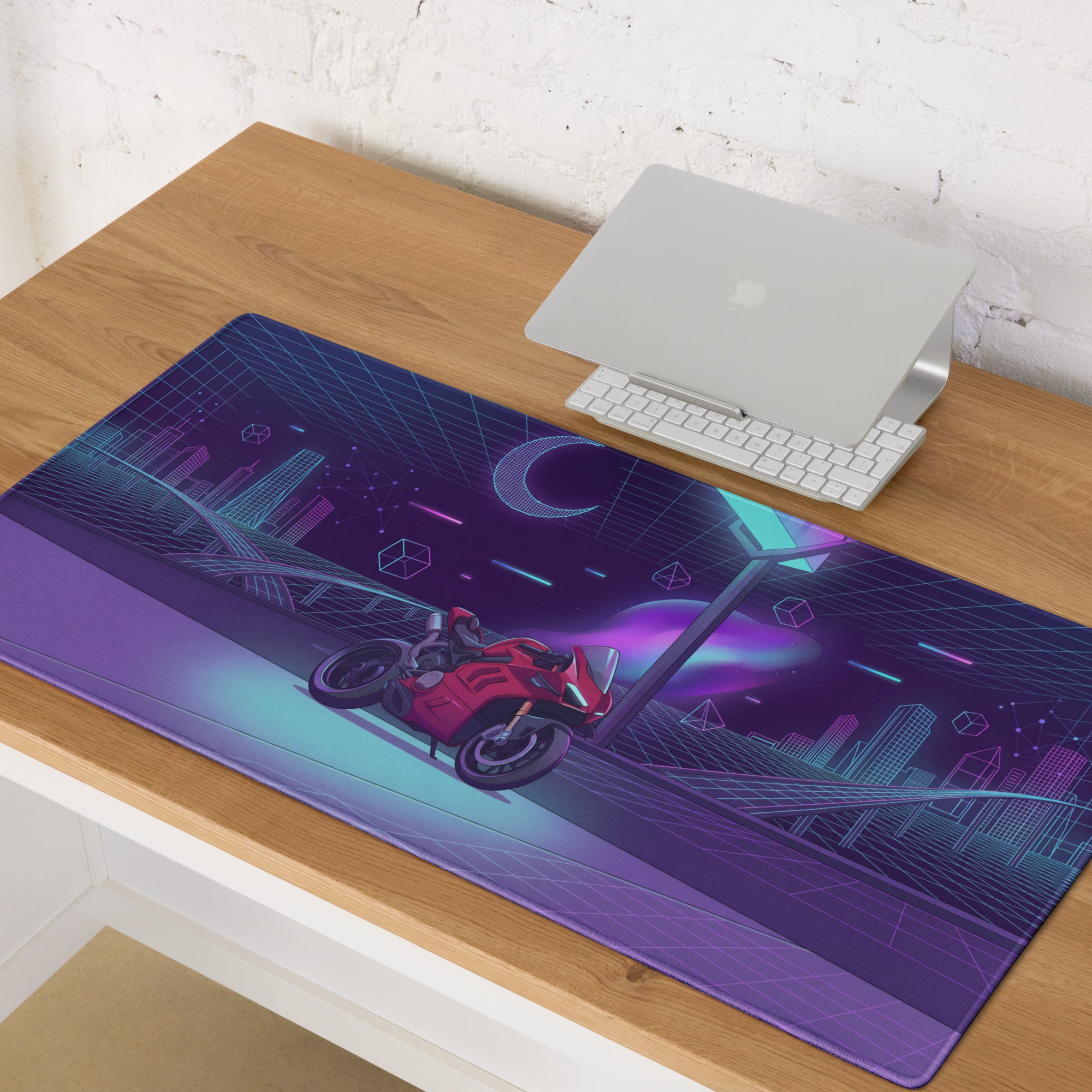 Ducati Panigale V4 Inspired Red Purple Vaporwave Gaming Mouse Pad – Neon Cyber City Desk Mat, Retro Futuristic Superbike Digital Art