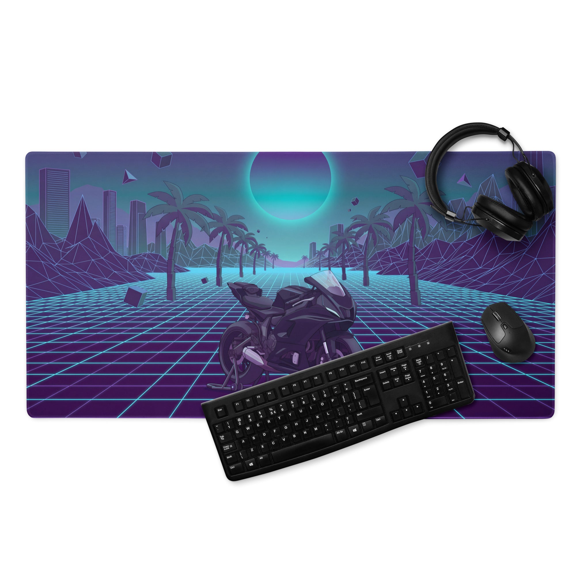 Yamaha R7 Inspired Black Cyan Vaporwave Gaming Mouse Pad – Neon Grid Palm City Desk Mat, Retro Futuristic Sport Bike Digital Art