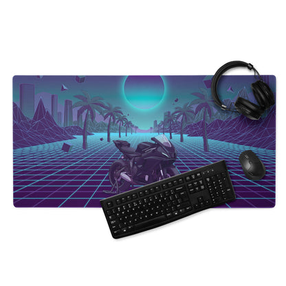 Yamaha R7 Inspired Black Cyan Vaporwave Gaming Mouse Pad – Neon Grid Palm City Desk Mat, Retro Futuristic Sport Bike Digital Art