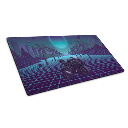 Yamaha R7 Inspired Black Cyan Vaporwave Gaming Mouse Pad – Neon Grid Palm City Desk Mat, Retro Futuristic Sport Bike Digital Art