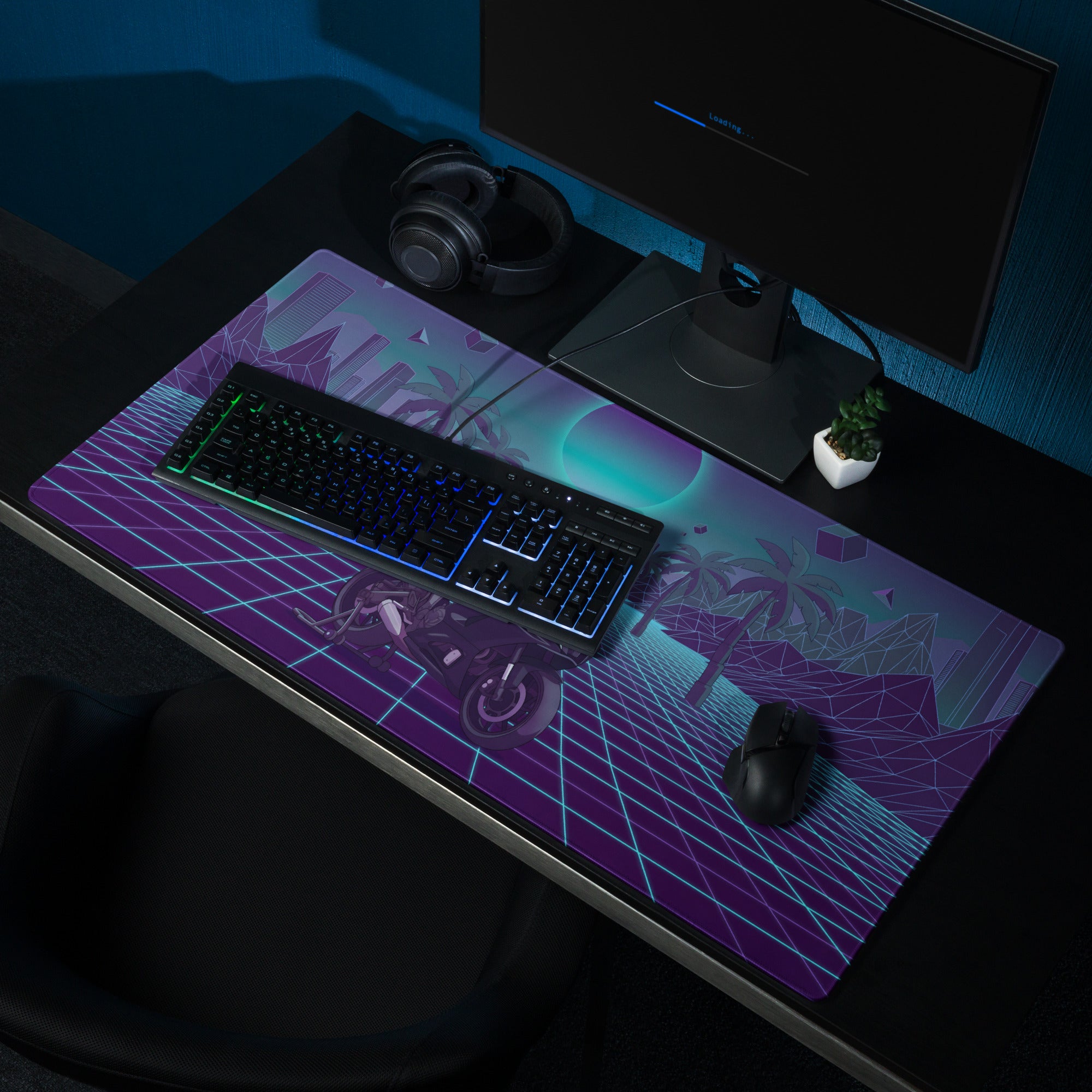 Yamaha R7 Inspired Black Cyan Vaporwave Gaming Mouse Pad – Neon Grid Palm City Desk Mat, Retro Futuristic Sport Bike Digital Art