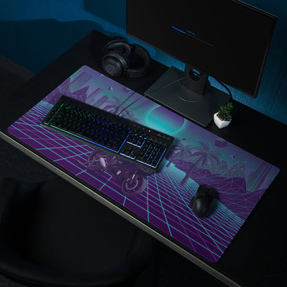 Yamaha R7 Inspired Black Cyan Vaporwave Gaming Mouse Pad – Neon Grid Palm City Desk Mat, Retro Futuristic Sport Bike Digital Art