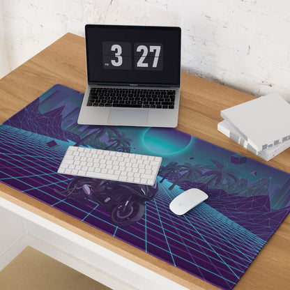 Yamaha R7 Inspired Black Cyan Vaporwave Gaming Mouse Pad – Neon Grid Palm City Desk Mat, Retro Futuristic Sport Bike Digital Art