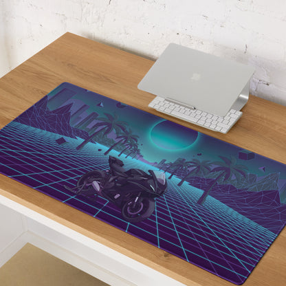 Yamaha R7 Inspired Black Cyan Vaporwave Gaming Mouse Pad – Neon Grid Palm City Desk Mat, Retro Futuristic Sport Bike Digital Art