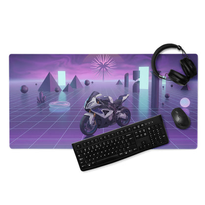 BMW S1000RR Inspired White Purple Vaporwave Gaming Mouse Pad – Neon Grid Dreamscape Desk Mat, Retro Futuristic Superbike Digital Art