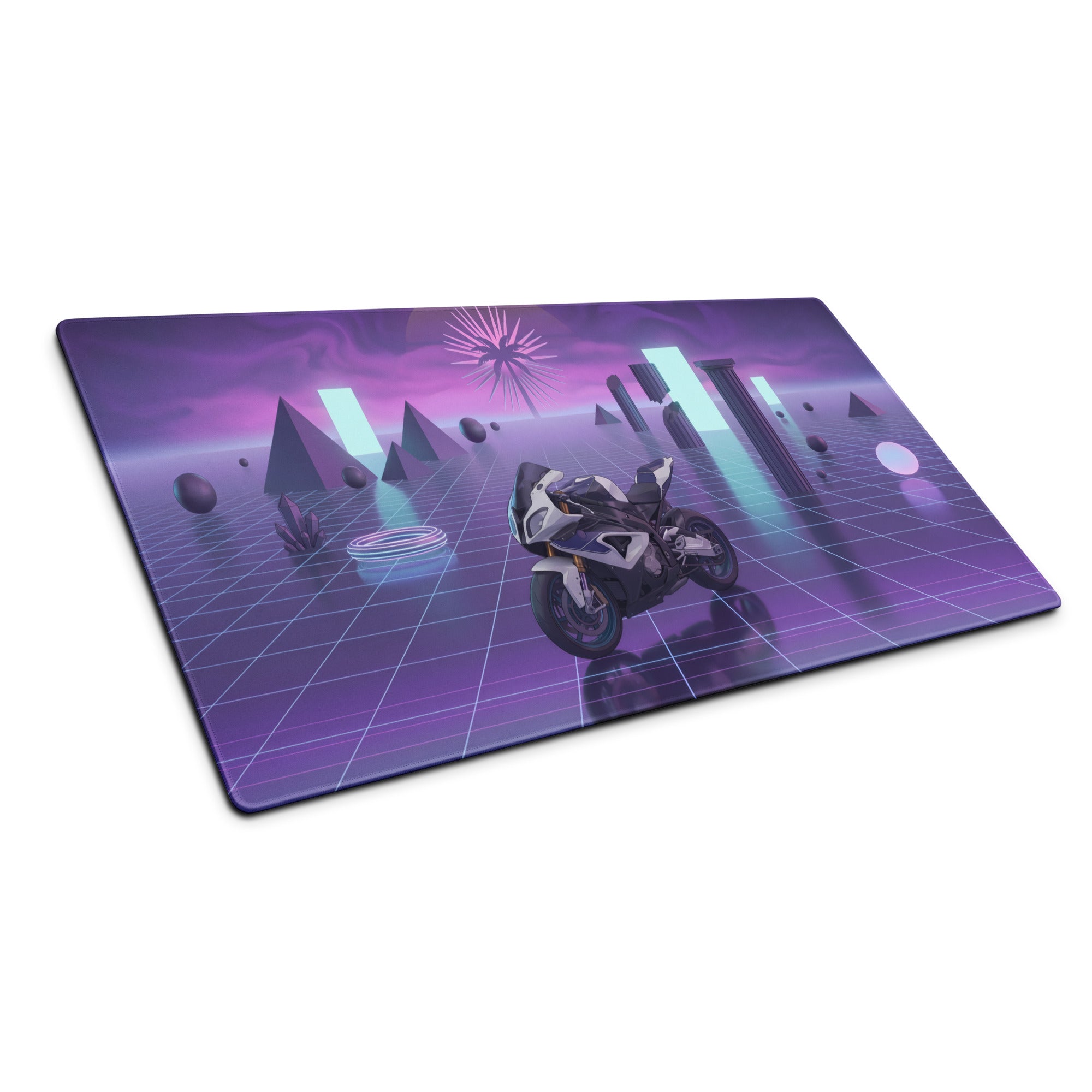 BMW S1000RR Inspired White Purple Vaporwave Gaming Mouse Pad – Neon Grid Dreamscape Desk Mat, Retro Futuristic Superbike Digital Art