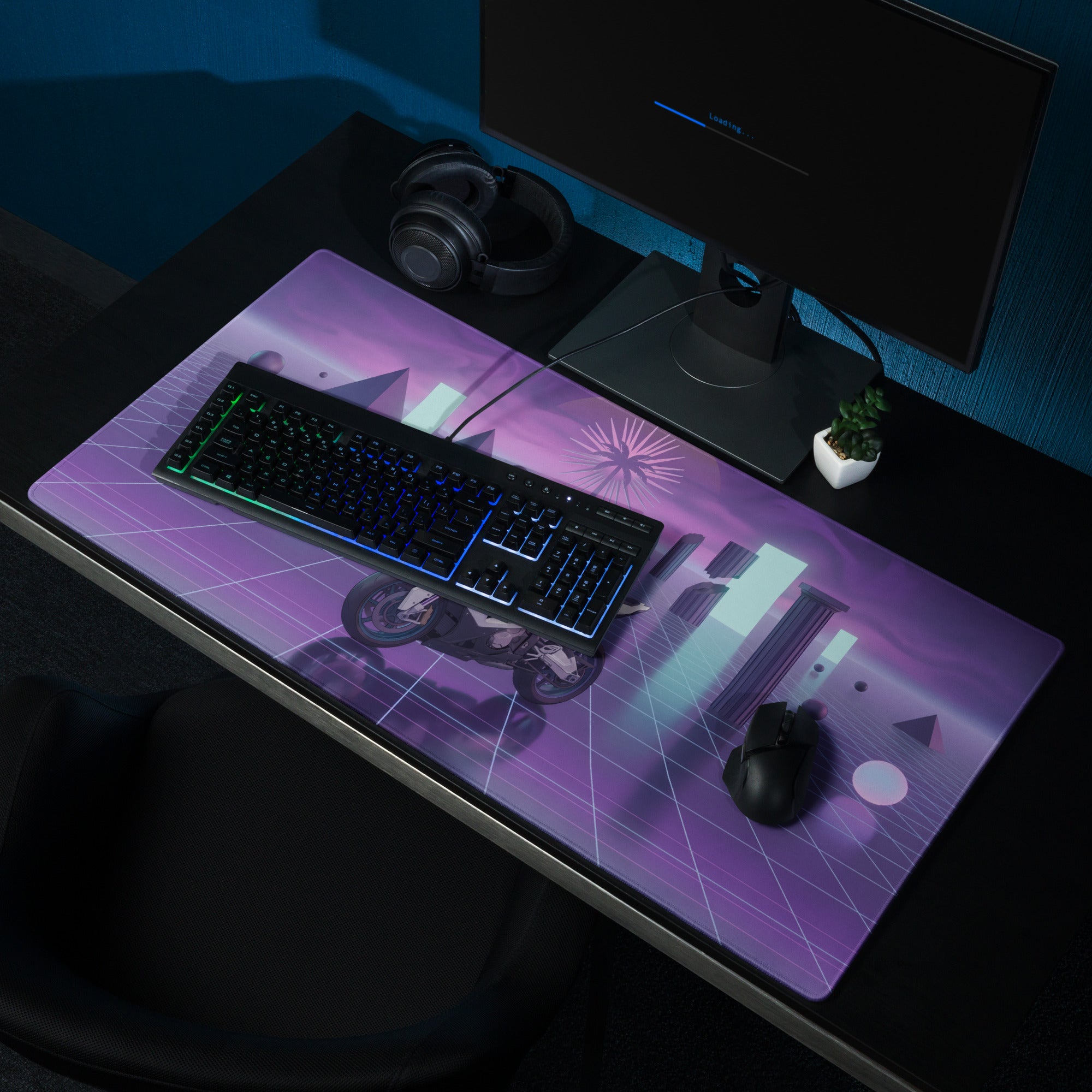 BMW S1000RR Inspired White Purple Vaporwave Gaming Mouse Pad – Neon Grid Dreamscape Desk Mat, Retro Futuristic Superbike Digital Art