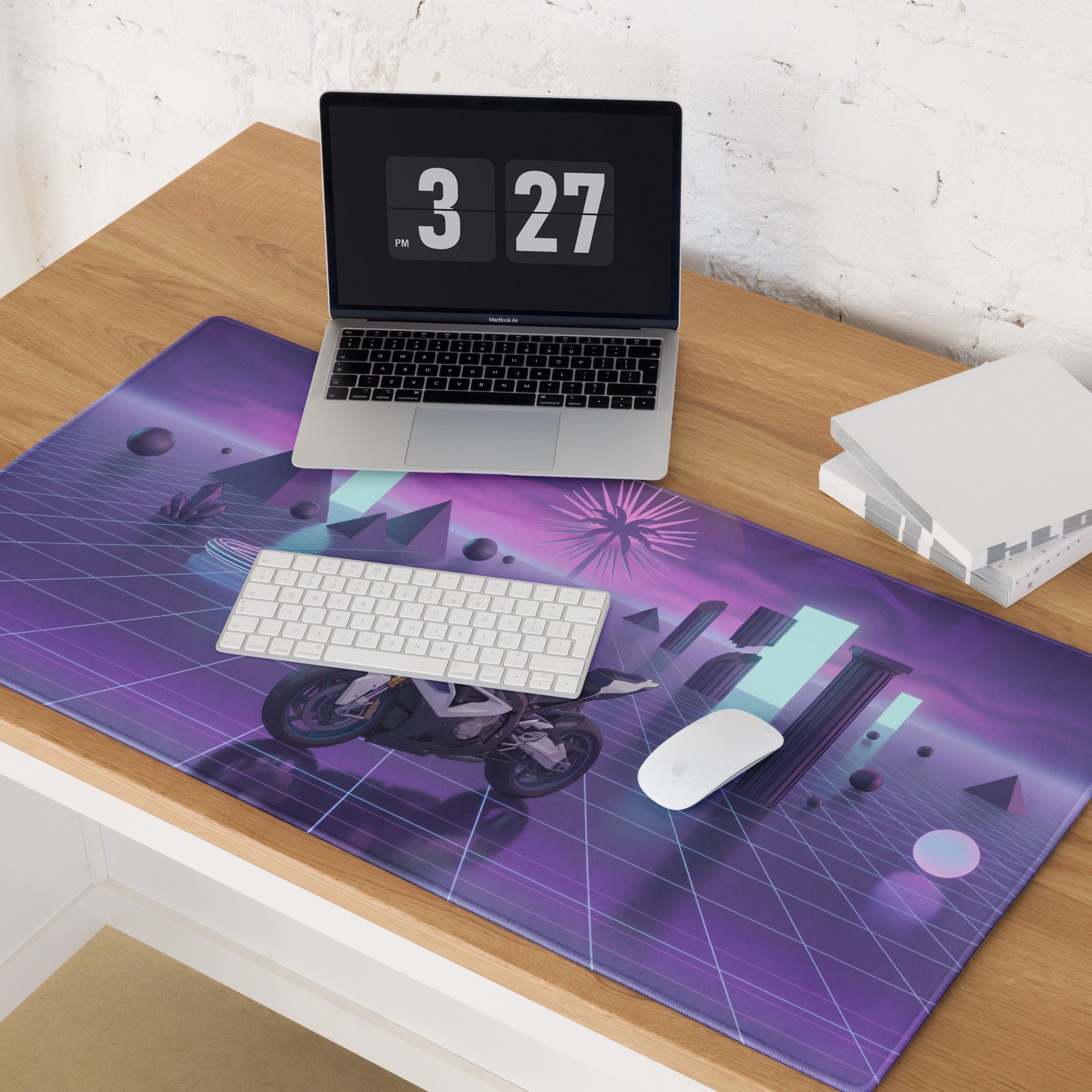 BMW S1000RR Inspired White Purple Vaporwave Gaming Mouse Pad – Neon Grid Dreamscape Desk Mat, Retro Futuristic Superbike Digital Art