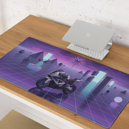BMW S1000RR Inspired White Purple Vaporwave Gaming Mouse Pad – Neon Grid Dreamscape Desk Mat, Retro Futuristic Superbike Digital Art