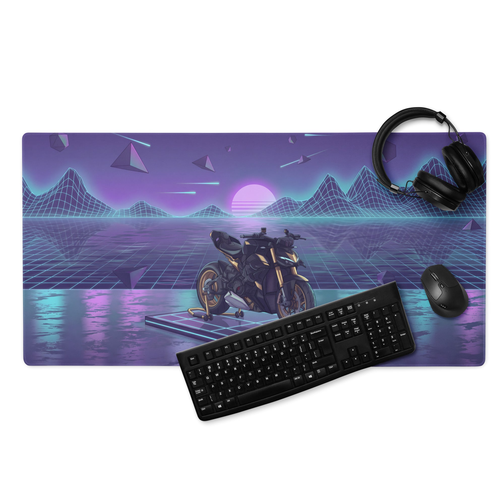 Ducati Streetfighter V4S Inspired White Purple Vaporwave Gaming Mouse Pad – Neon Grid Dreamscape Desk Mat, Retro Futuristic Superbike Digital Art