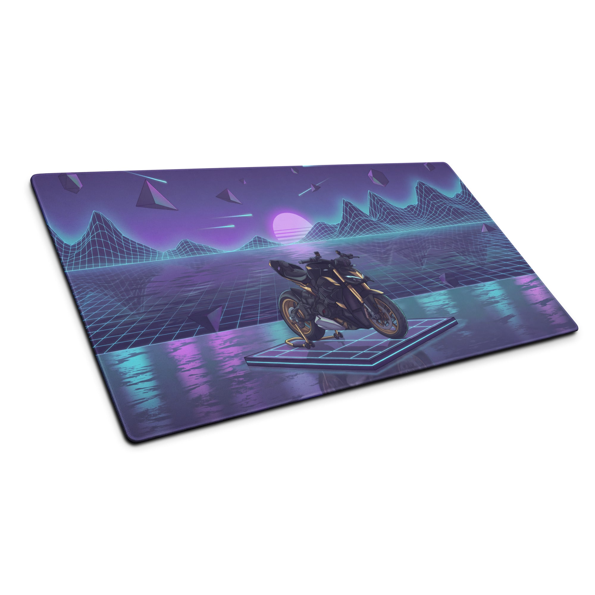 Ducati Streetfighter V4S Inspired White Purple Vaporwave Gaming Mouse Pad – Neon Grid Dreamscape Desk Mat, Retro Futuristic Superbike Digital Art