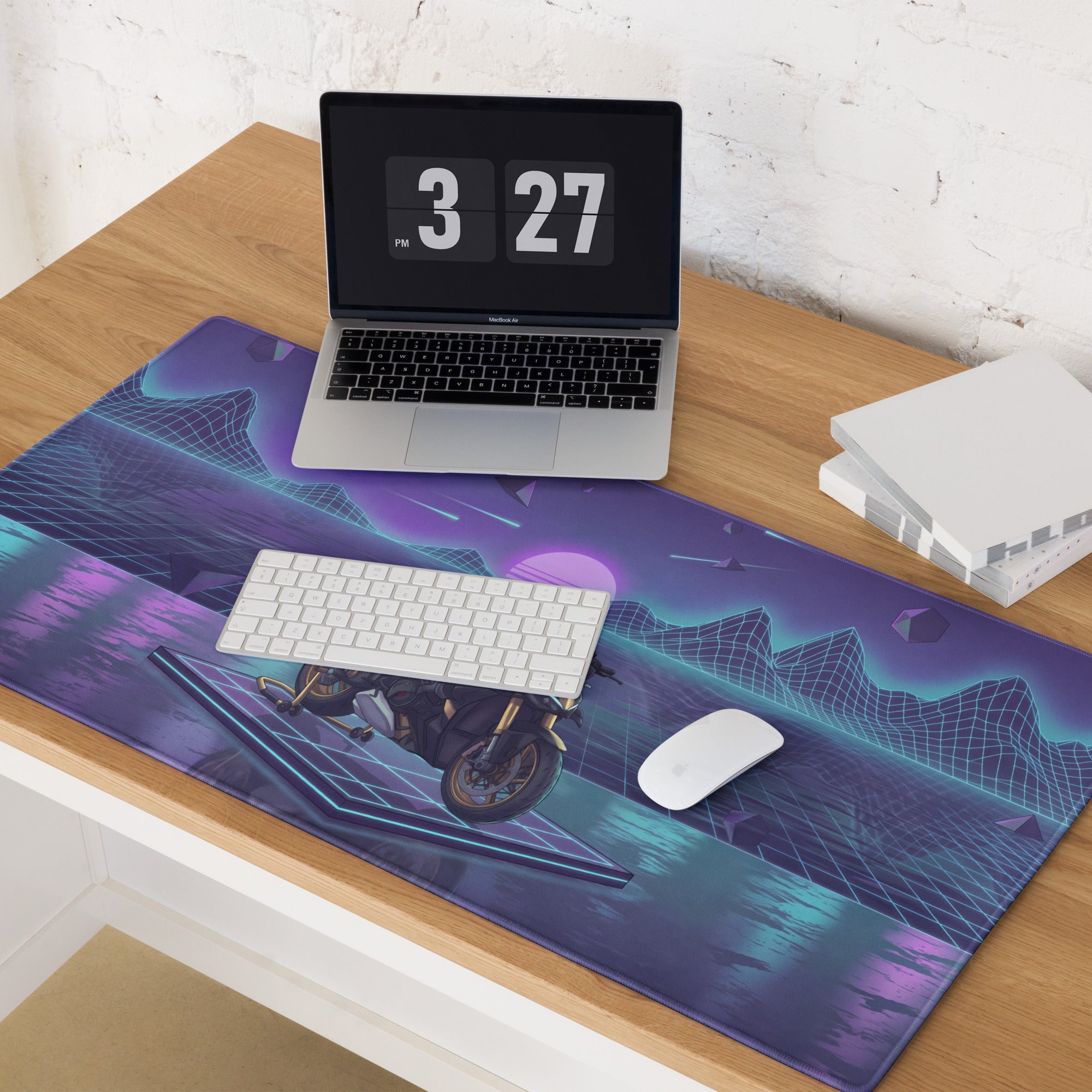 Ducati Streetfighter V4S Inspired White Purple Vaporwave Gaming Mouse Pad – Neon Grid Dreamscape Desk Mat, Retro Futuristic Superbike Digital Art