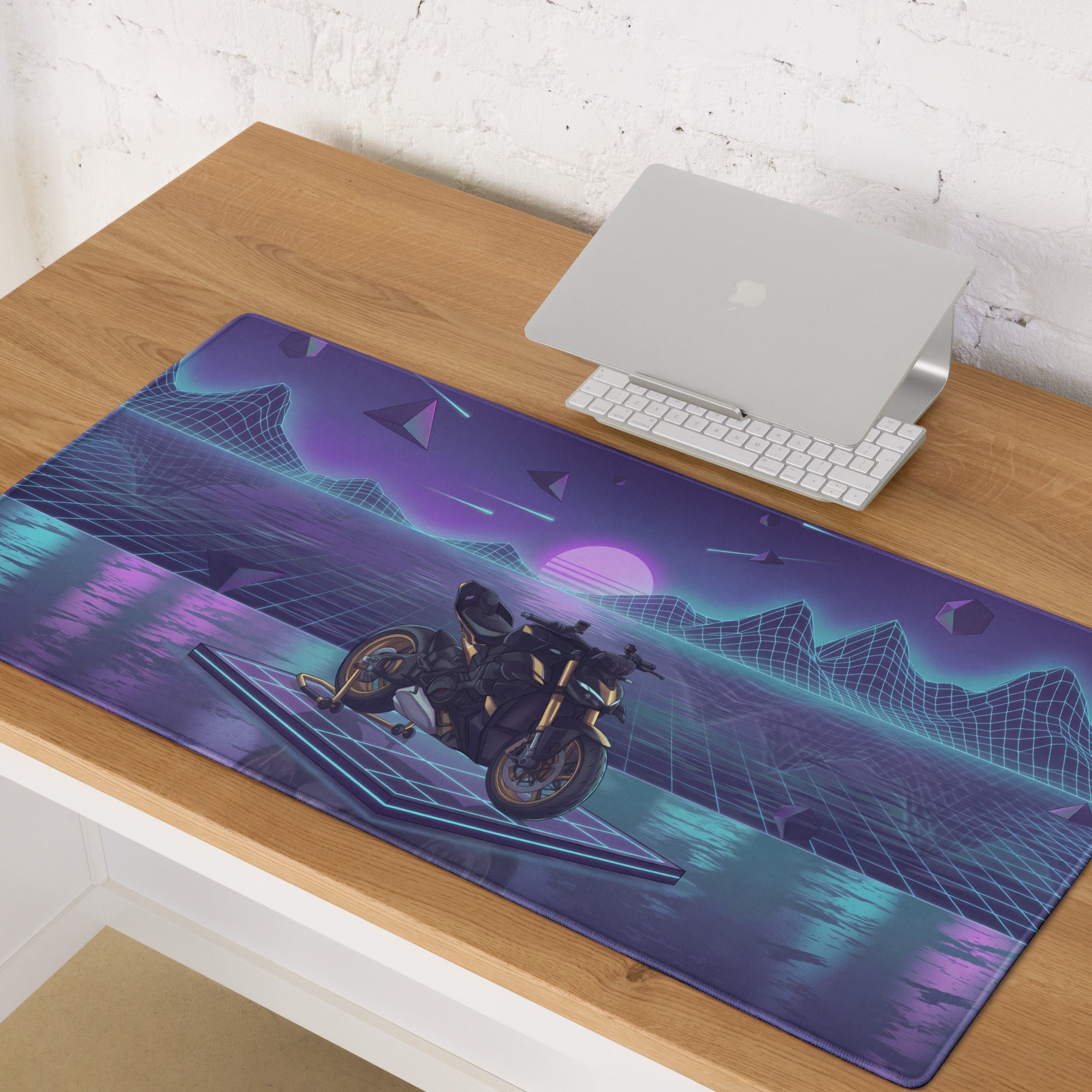 Ducati Streetfighter V4S Inspired White Purple Vaporwave Gaming Mouse Pad – Neon Grid Dreamscape Desk Mat, Retro Futuristic Superbike Digital Art