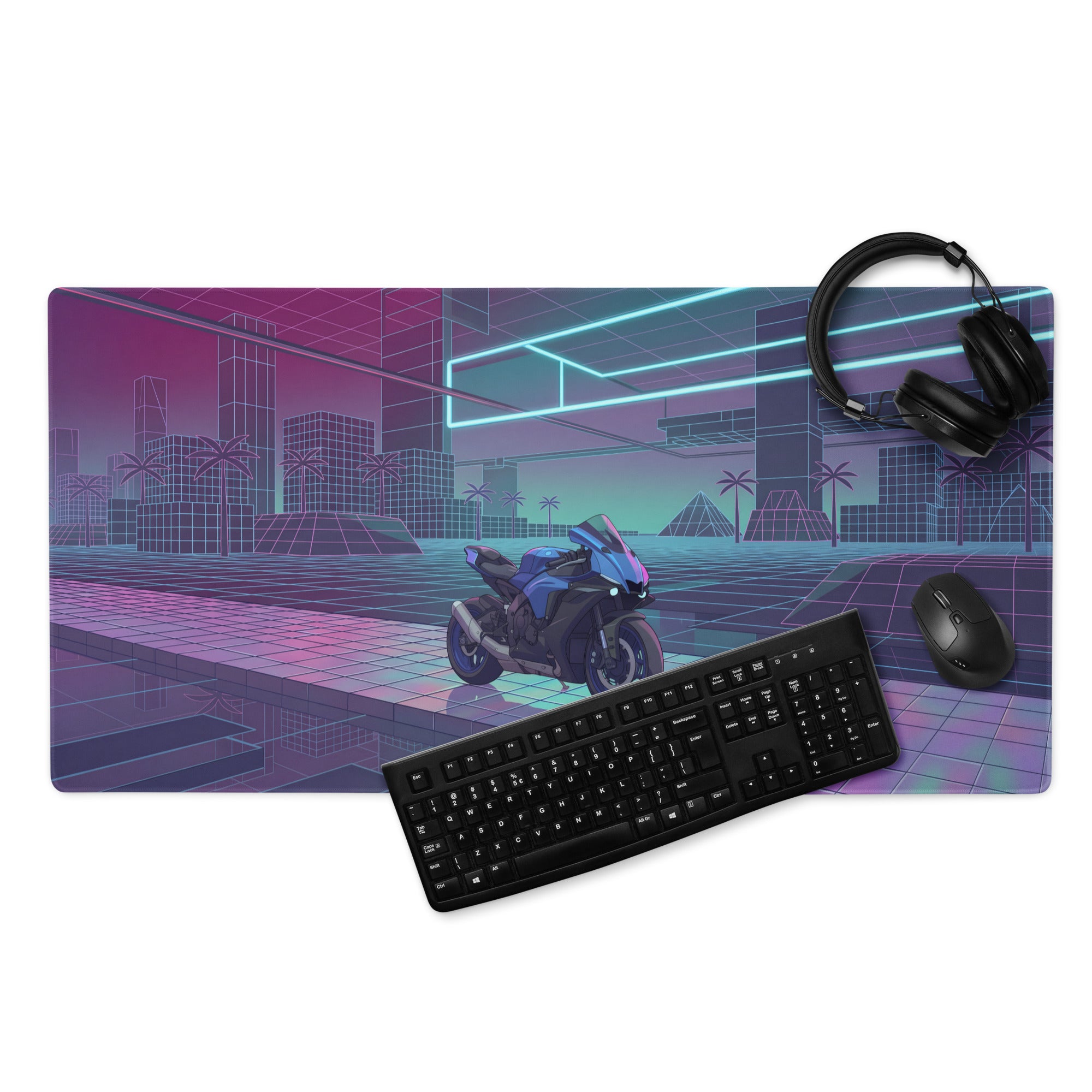 Yamaha R1 Inspired Blue Purple Vaporwave Gaming Mouse Pad – Neon Cyber City Grid Desk Mat, Retro Futuristic Superbike Digital Art