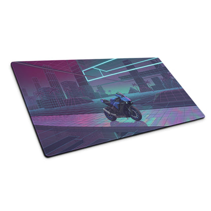Yamaha R1 Inspired Blue Purple Vaporwave Gaming Mouse Pad – Neon Cyber City Grid Desk Mat, Retro Futuristic Superbike Digital Art