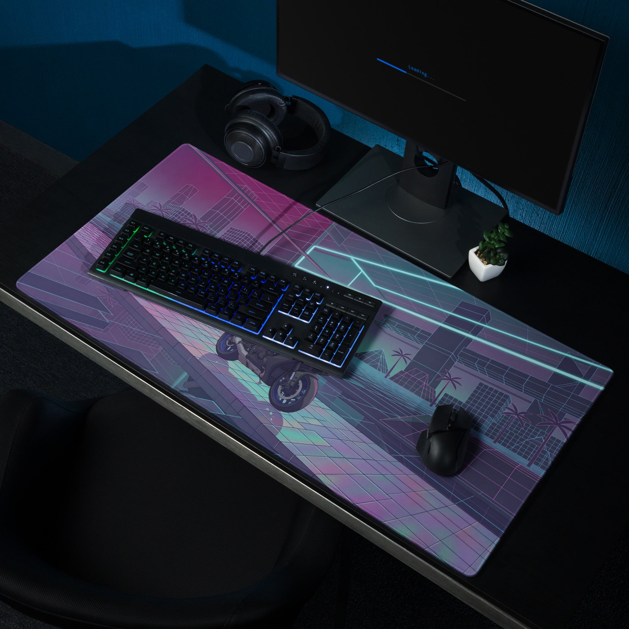 Yamaha R1 Inspired Blue Purple Vaporwave Gaming Mouse Pad – Neon Cyber City Grid Desk Mat, Retro Futuristic Superbike Digital Art