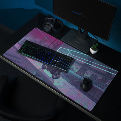Yamaha R1 Inspired Blue Purple Vaporwave Gaming Mouse Pad – Neon Cyber City Grid Desk Mat, Retro Futuristic Superbike Digital Art
