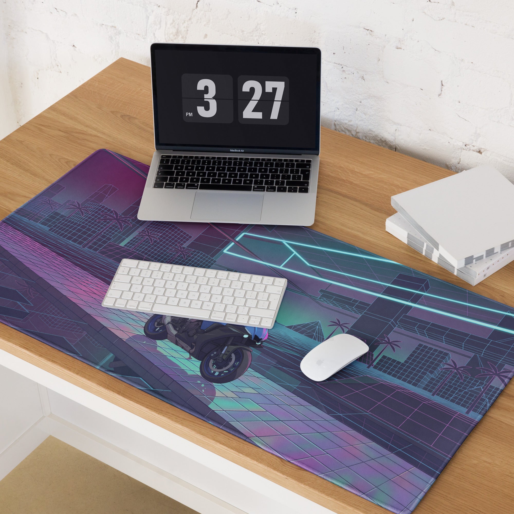 Yamaha R1 Inspired Blue Purple Vaporwave Gaming Mouse Pad – Neon Cyber City Grid Desk Mat, Retro Futuristic Superbike Digital Art