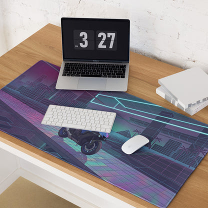 Yamaha R1 Inspired Blue Purple Vaporwave Gaming Mouse Pad – Neon Cyber City Grid Desk Mat, Retro Futuristic Superbike Digital Art