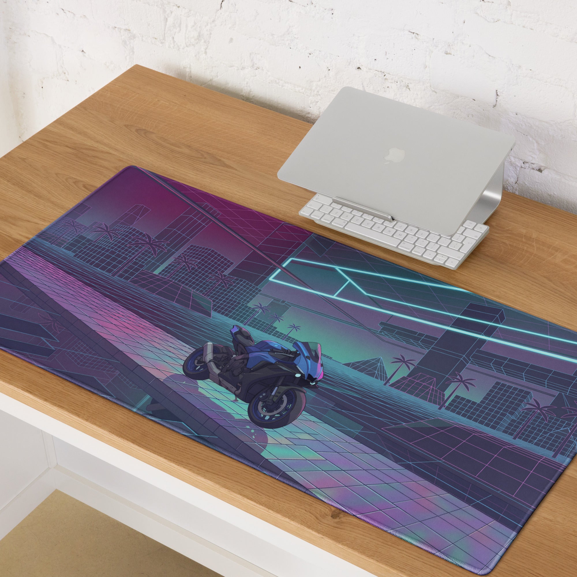 Yamaha R1 Inspired Blue Purple Vaporwave Gaming Mouse Pad – Neon Cyber City Grid Desk Mat, Retro Futuristic Superbike Digital Art