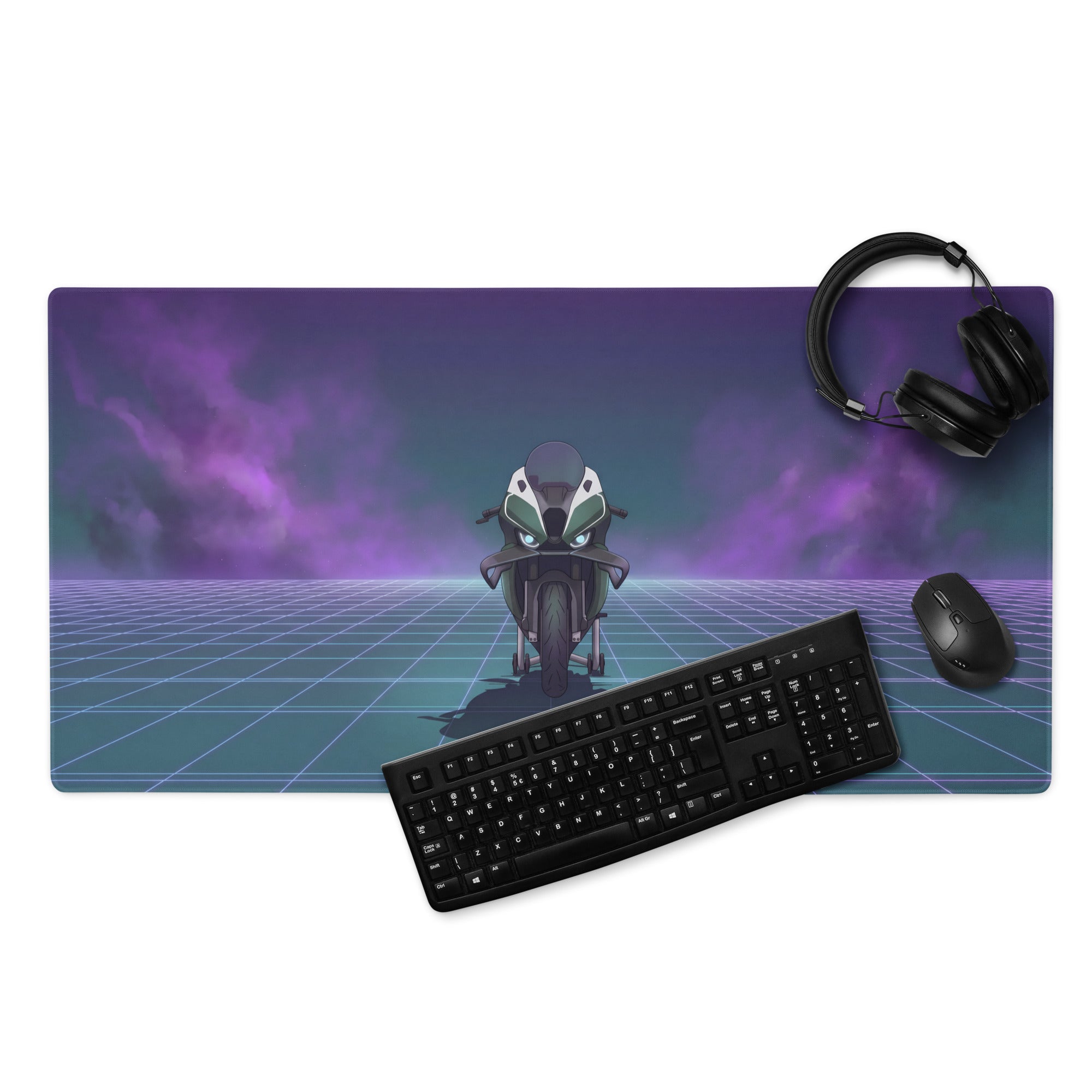 BMW M1000RR Inspired Green Purple Vaporwave Gaming Mouse Pad – Neon Grid Desk Mat, Moody Retro Futuristic Sportbike Digital Art